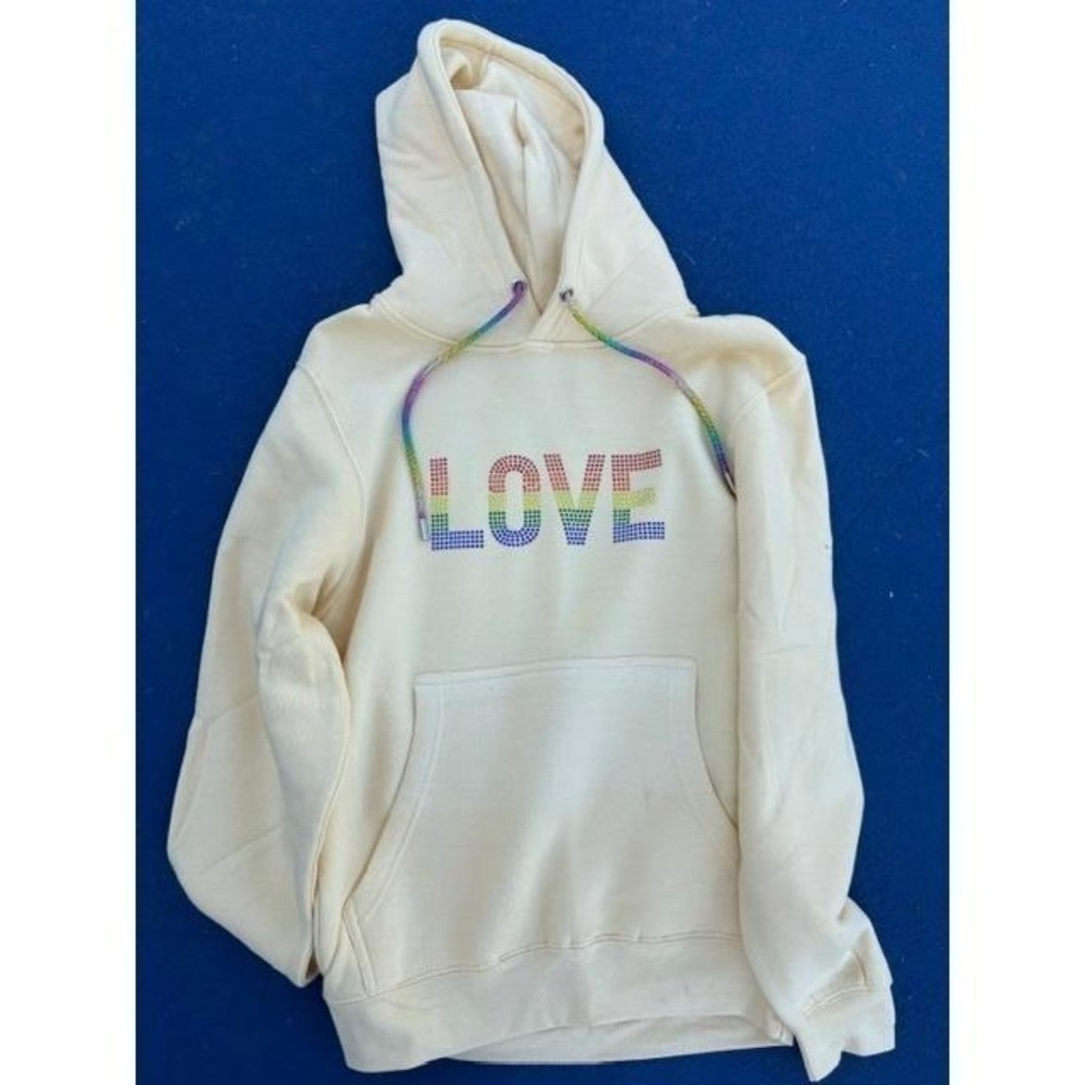Mellow Yellow Rainbow Rhinestone LOVE‎ Hoodie Sweatshirt w Bling Drawstrings XL